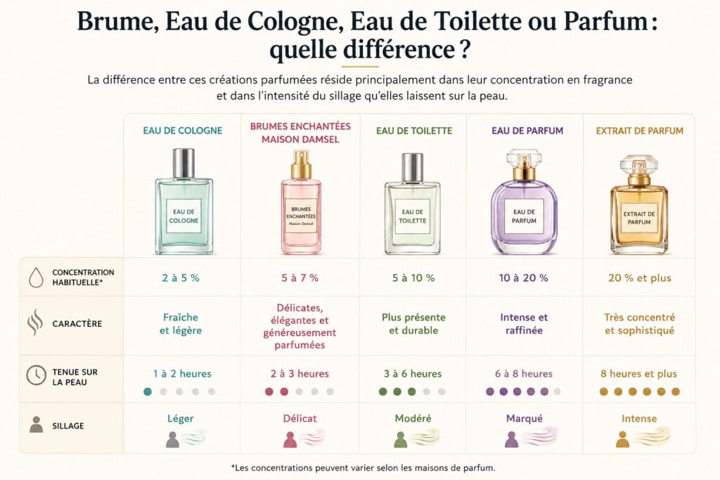 Tableau comparatif : brume, eau de Cologne, eau de toilette, eau de parfum et extrait de parfum