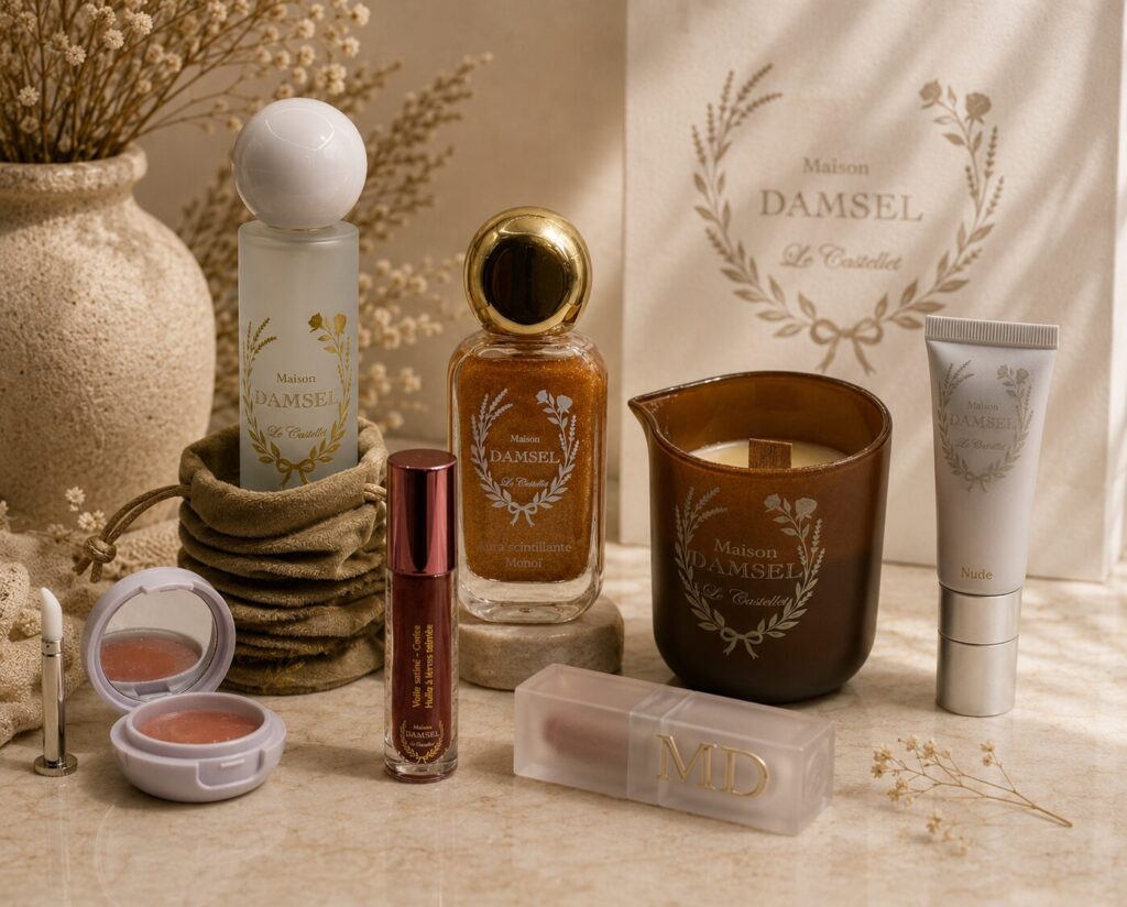 Cosmétiques artisanaux Maison Damsel : brume, élixir, gloss, bougie de massage et baume